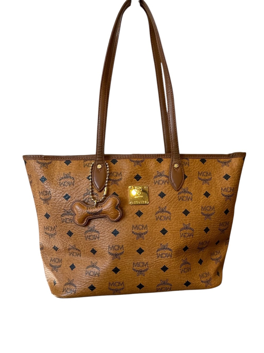 MCM Cognac Monogrammed Visetos Tote with Bone Charm
